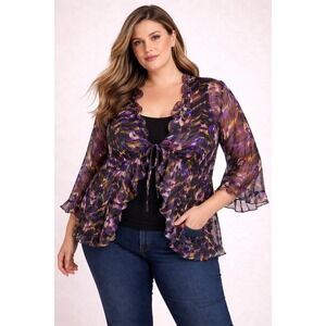 Notations Woman Plus 3X Sheer Ruffle Blouse Purple Print Tie Front Top Kimono